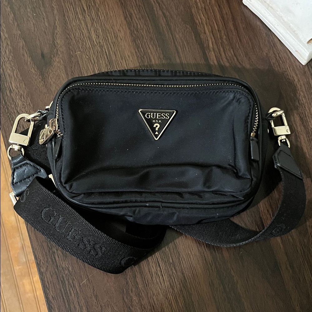 GUESS Black Belt Bag with Gold Accents